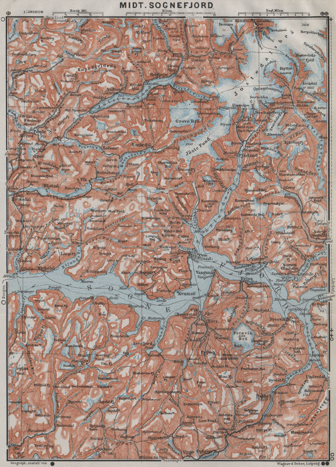 CENTRAL SOGNEFJORD topo-map. Leikanger Sogndal. Norway kart. BAEDEKER 1909